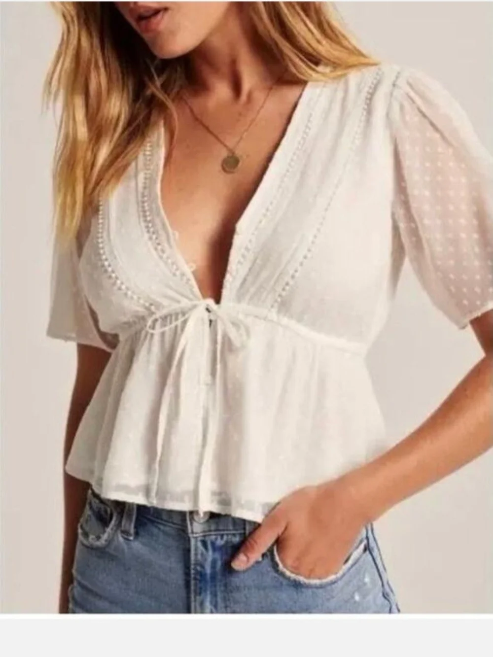 Abercrombie & Fitch White Boho Baby Doll Swiss Dot Tie-Front Peplum Blouse Sz.S